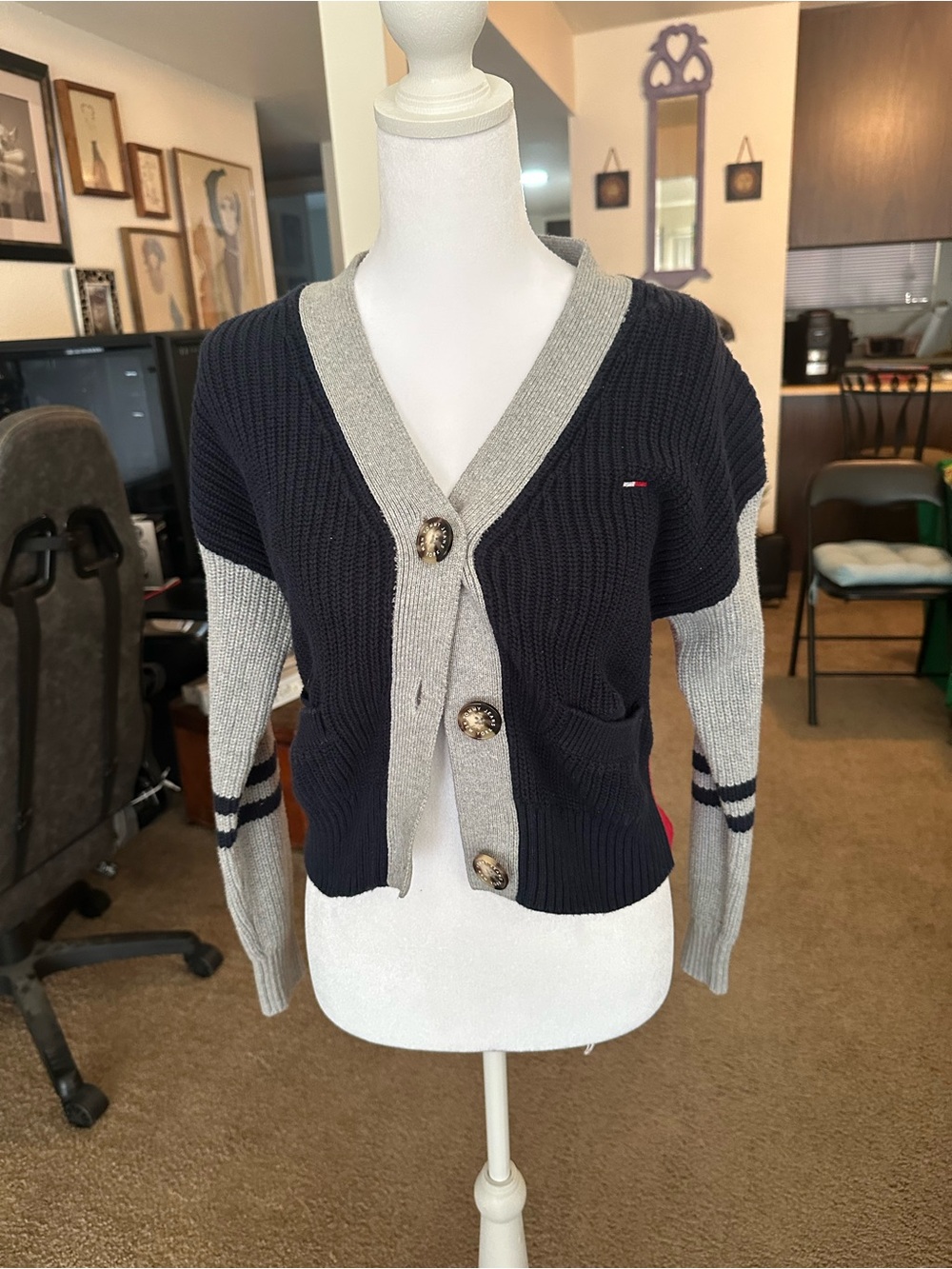 Tommy Hilfiger Navy and Light Gray Ribbed Button-Front Cardigan